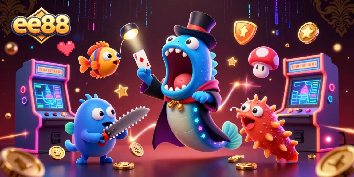 ee88 card tricks in a vibrant casino scene with dynamic underwater characters and gaming elements