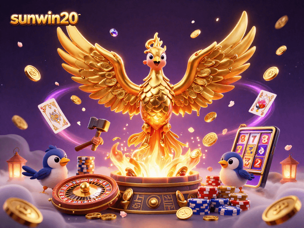 Win big with sunwin20 as a molten phoenix brings fortune at a vibrant casino scene.