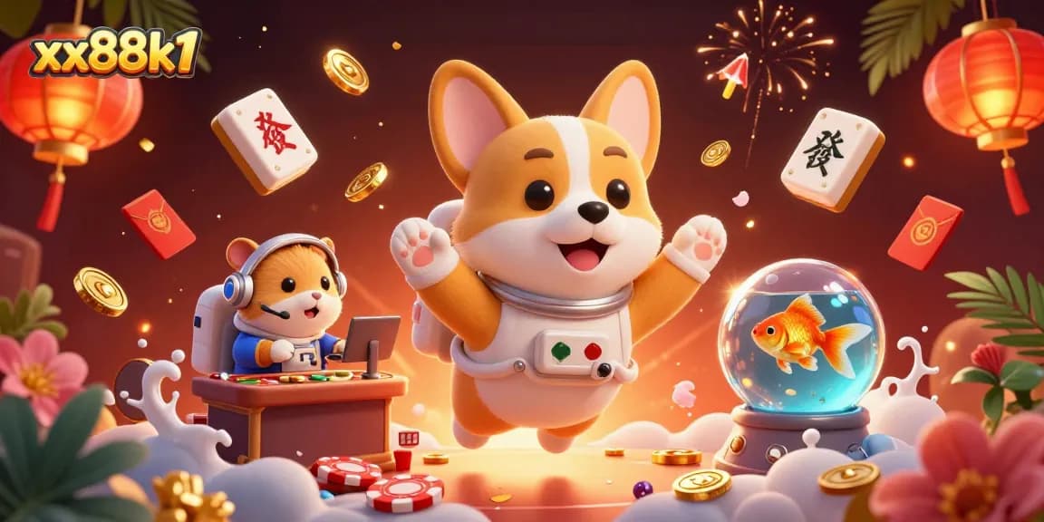 Experience thrilling gaming with xx88k1's floating corgi astronaut and dynamic casino atmosphere.