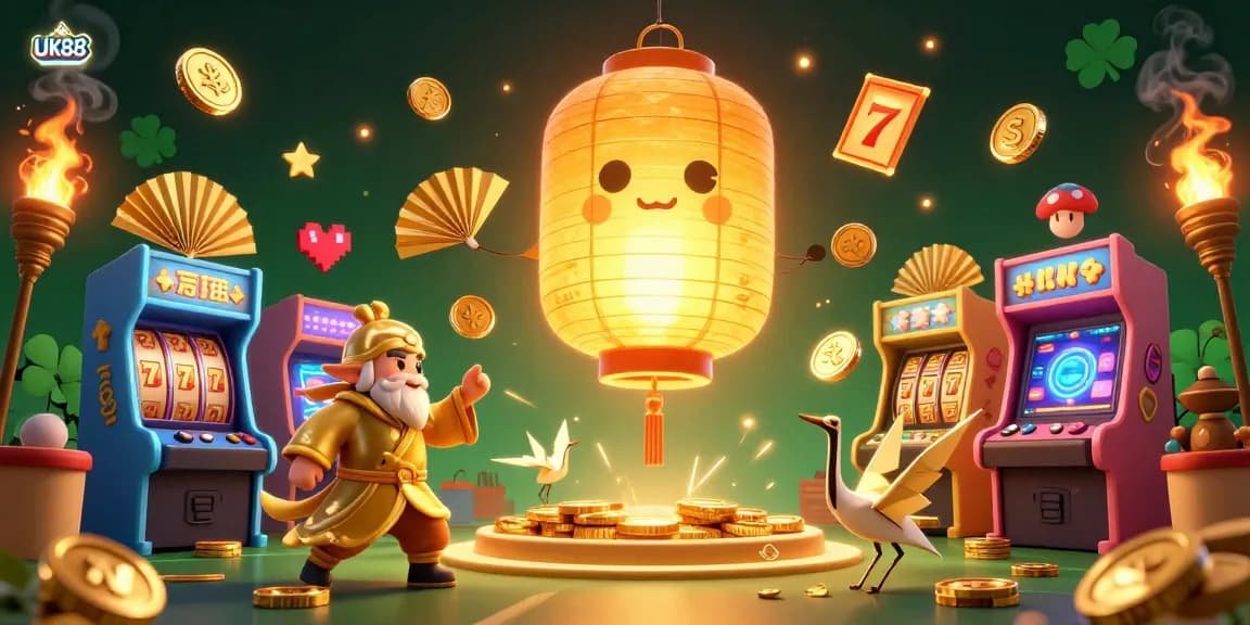 Engage with UK88 in a vibrant casino scene featuring a glowing lantern spirit and dynamic arcade games.