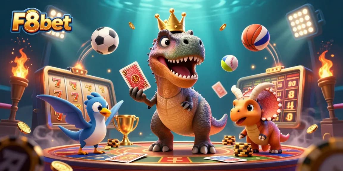 Engage in gaming action with the interactive elements of F8bet, featuring colorful slot reels and friendly characters.