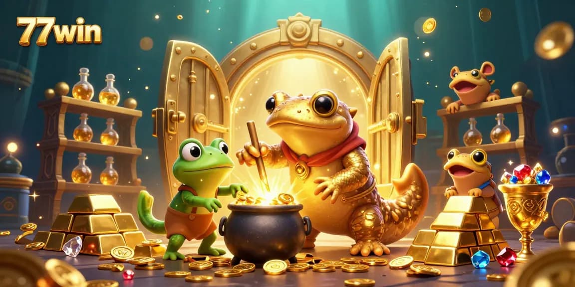 77win showcases a thrilling casino experience with shimmering gold elements and enchanted characters.
