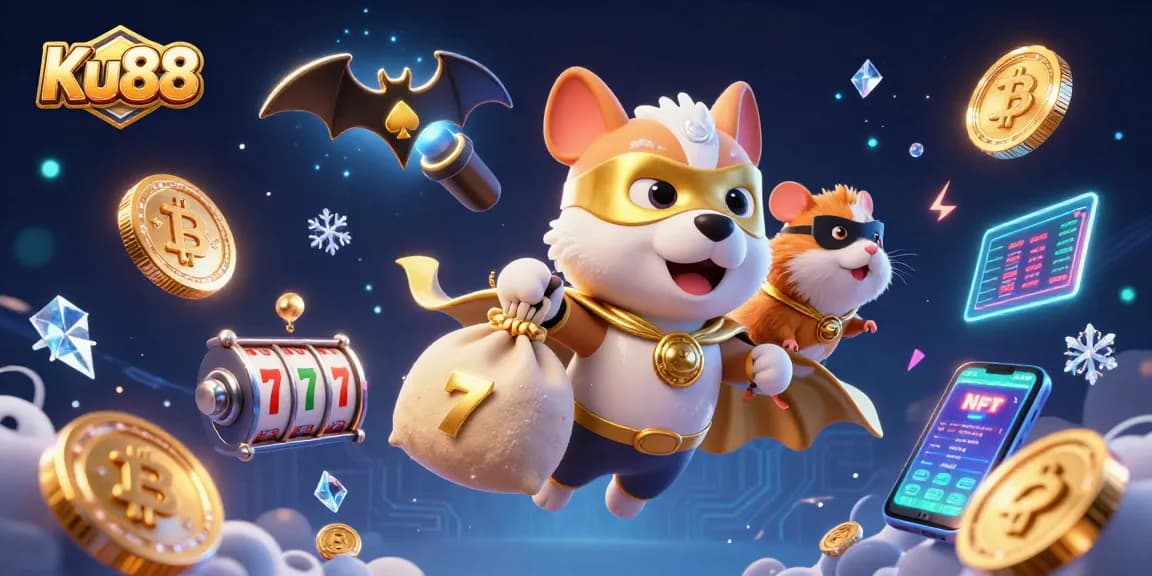 Engage in casino adventures with Ku88 featuring a superhero dog and gold coins in a vibrant 3D scene.