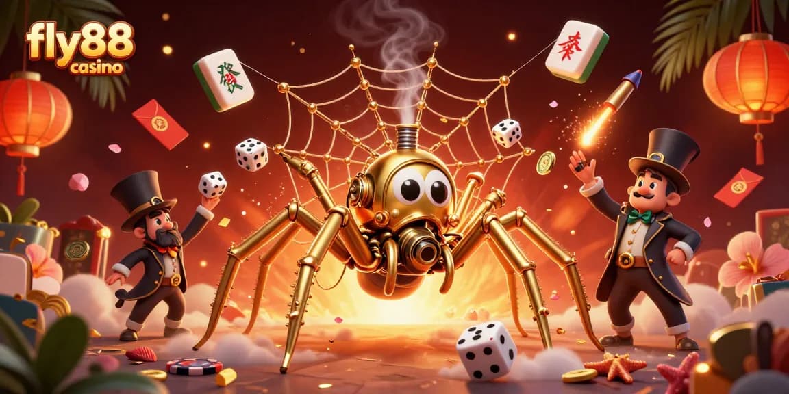 Engage in vibrant fly88 casino action with a thrilling 3D scene of a steampunk spider.