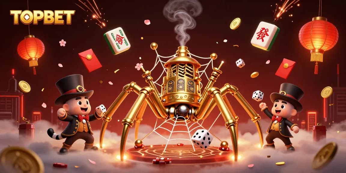 TOPBET spins winning luck in a vibrant casino scene with a golden spider and festive elements