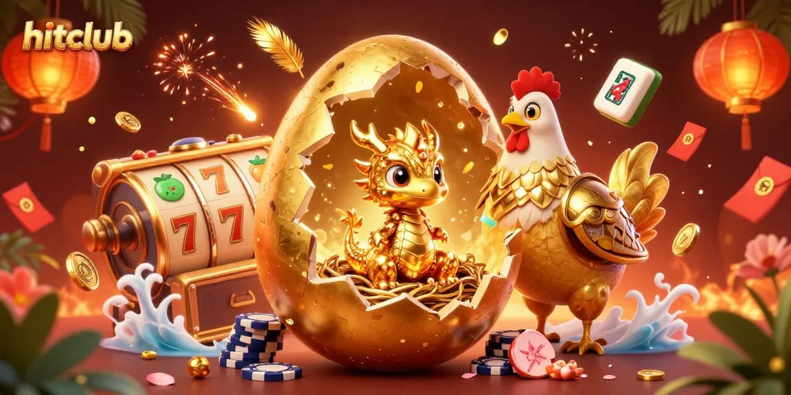 Experience hitclub with golden dragon treasures, vibrant slot reels, and festive casino elements.