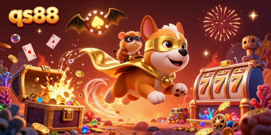Embark on thrilling adventures at qs88 with a superhero dog and action-packed casino elements.