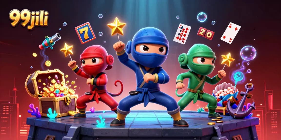 Engage with 99jili on a vibrant illustration showcasing ninja chameleons in a casino-themed setting.