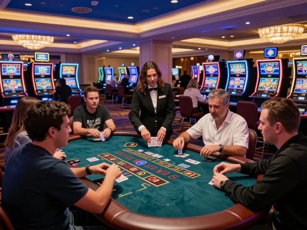 Engaging players strategizing around blackjack tables at LLwin ink casino, showcasing thrilling gameplay