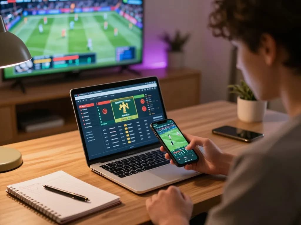 TOPBET player interacting with sports betting app on smartphone in cozy home setting.
