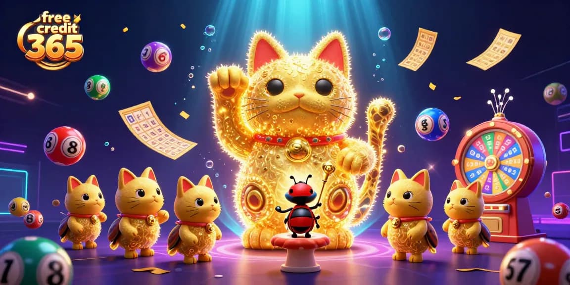 Experience winning with free credit 365 in this vibrant casino-themed cartoon illustration.