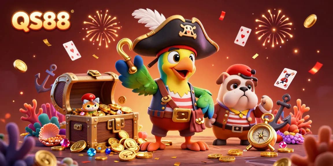 Experience thrilling adventures with QS88 in this vibrant 3D casino illustration, showcasing iconic characters.
