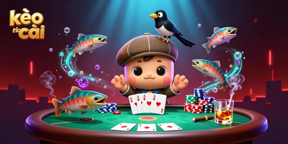 Engage with kèo nhà cái in an exciting 3D casino scene featuring playful characters and dynamic poker elements.