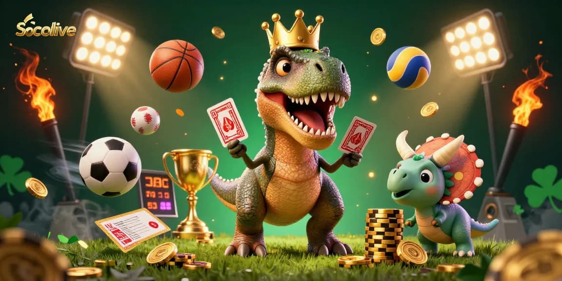 Socolive showcases a dynamic 3D casino scene with a T-Rex shuffling cards, featuring vibrant sports elements.