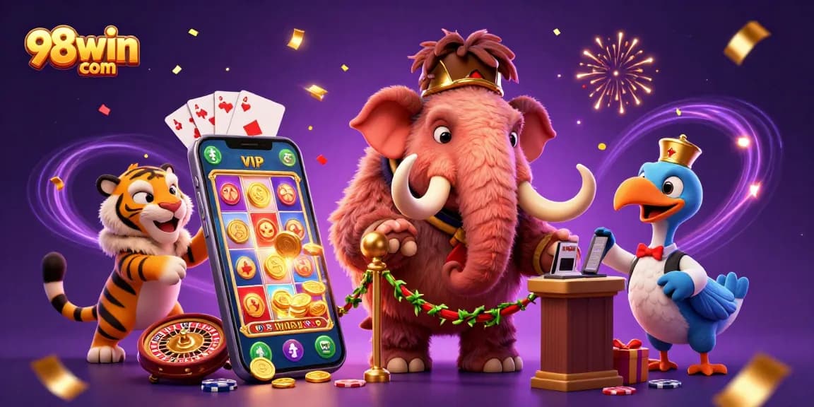 Experience thrilling gaming action at 98win com with a vibrant casino scene featuring cartoon characters and dynamic game elements.