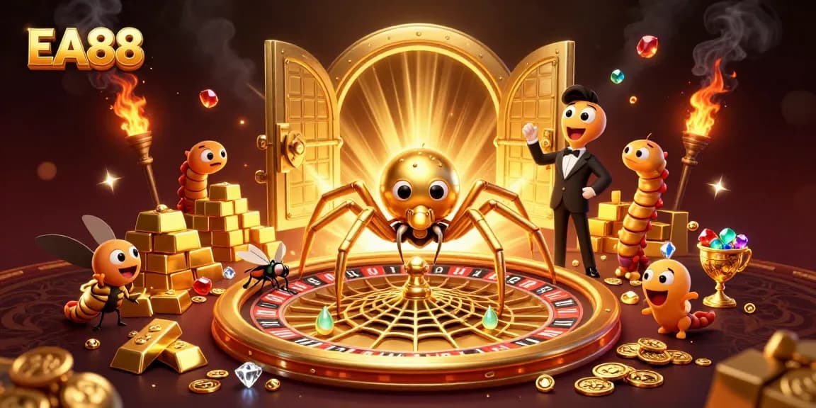 Engage in thrilling bets at EA88's vibrant casino scene with golden spider and centipede dealer.