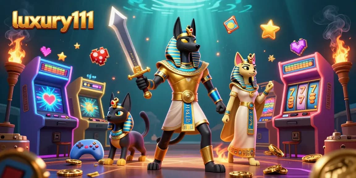 Experience exciting gameplay with luxury111 in this vibrant 3D casino scene featuring ancient Egyptian characters and gaming elements.
