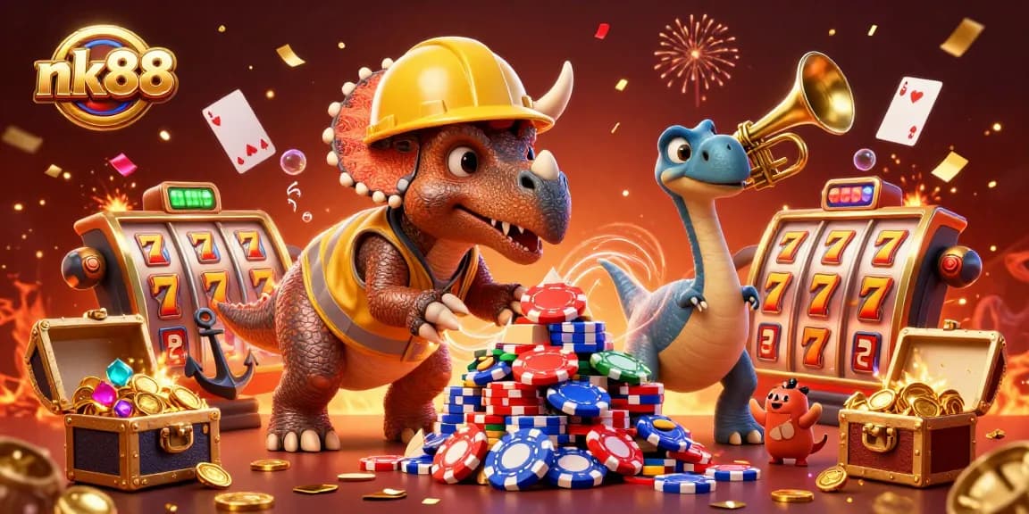 nk88 celebrates with vibrant 3D characters building poker chip pyramids, showcasing online casino excitement.