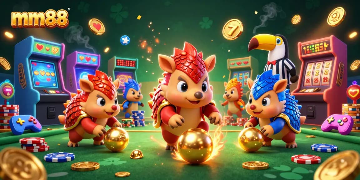 mm88 pangolins competing in a vibrant casino scene with poker chips and arcade machines, showcasing fun and excitement