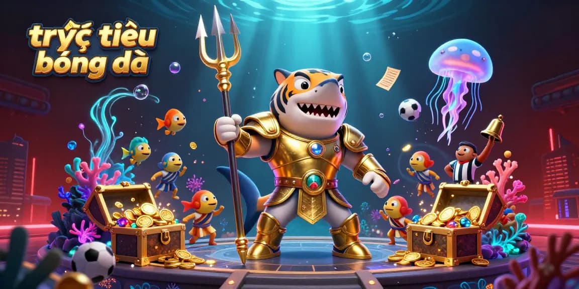 Experience trực tiếp bóng đá excitement with a tiger shark in gladiator armor betting in a vibrant underwater colosseum scene.