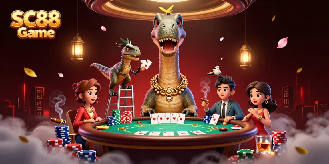 Engage in thrilling action at SC88 Game with a cartoon brontosaurus overseeing poker excitement.