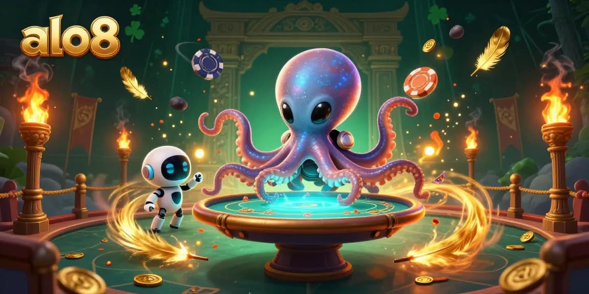 Bet big with alo8’s 3D gaming, featuring a vibrant alien octopus masterfully handling holographic poker.