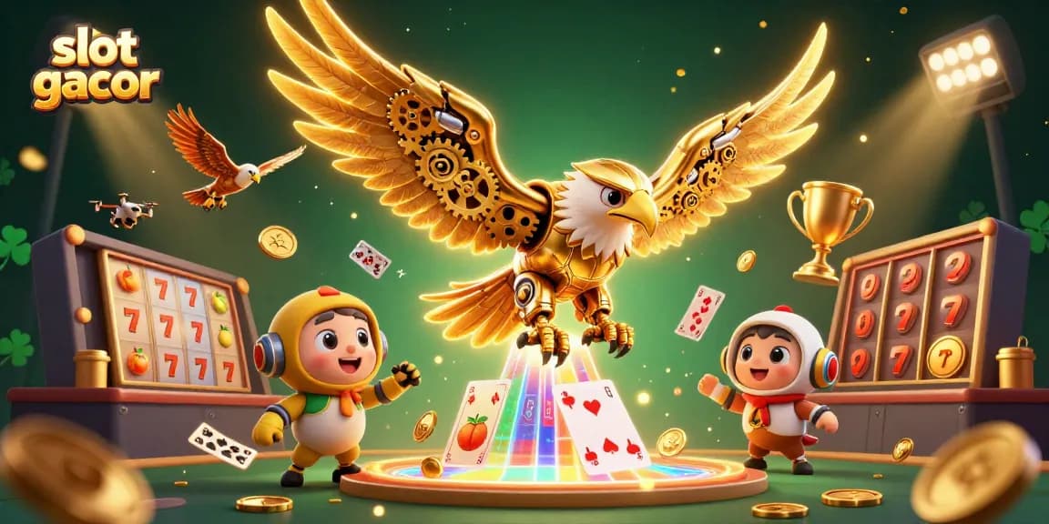 Experience thrilling slot gacor gameplay with a dynamic illustration featuring golden eagle and vibrant gambling symbols.
