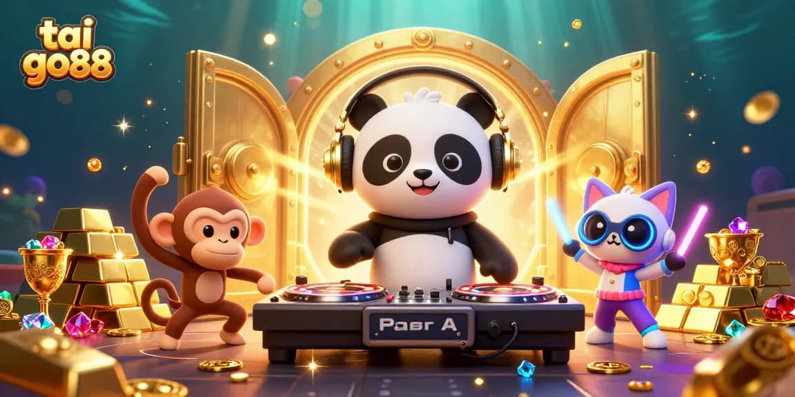 Join the party at tai go88 with a panda DJ, dancing monkey, and rave kitten amidst gold and jewels.