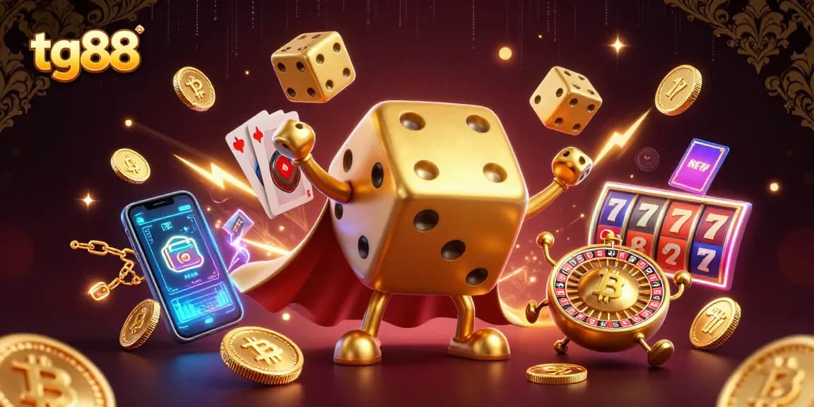Engage in thrilling gameplay at tg88 with vibrant illustrations of a golden dice golem and crypto coins.