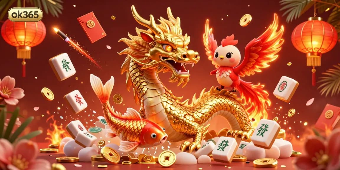 Engage in thrilling gaming action at ok365 with immersive visuals featuring a fierce dragon and koi fish.