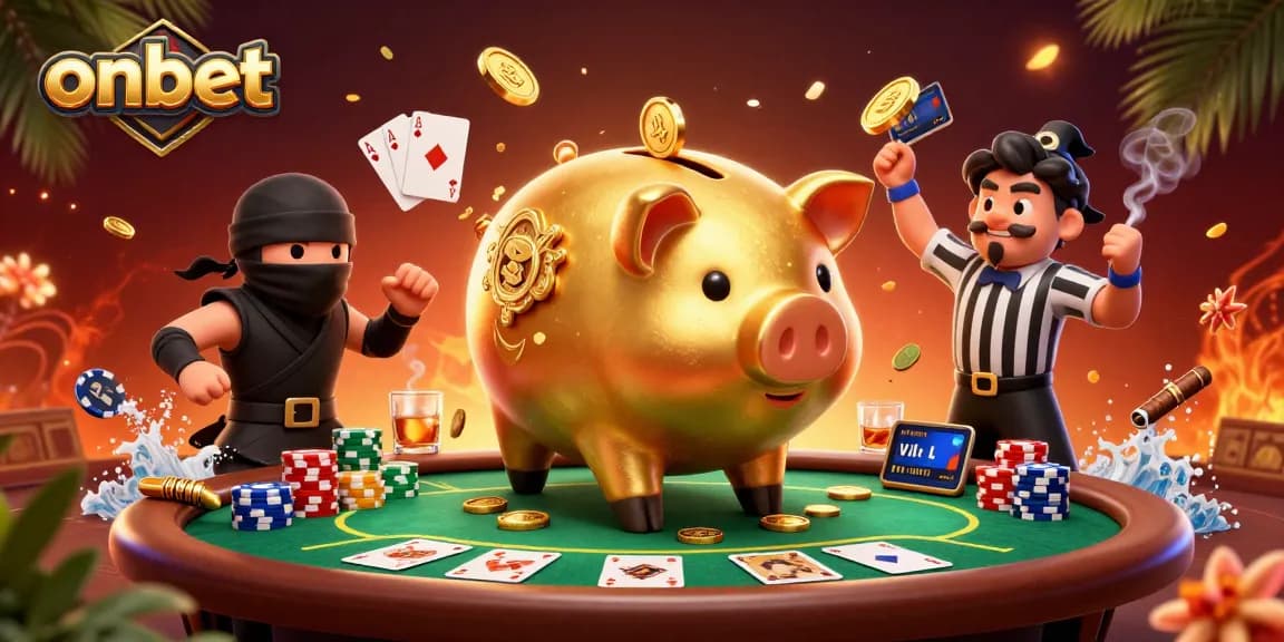 Experience the excitement of onbet with golden piggy bank characters amid a lively poker scene.