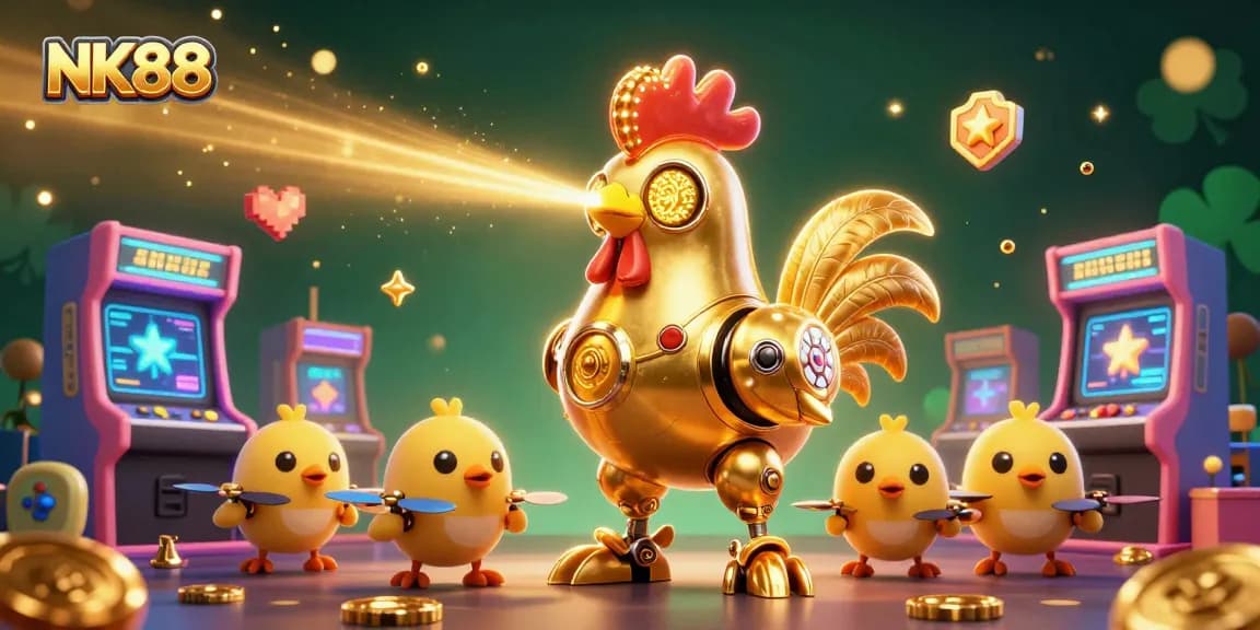 Engage with NK88's thrilling gaming adventure featuring a golden rooster robot amidst vibrant casino elements.
