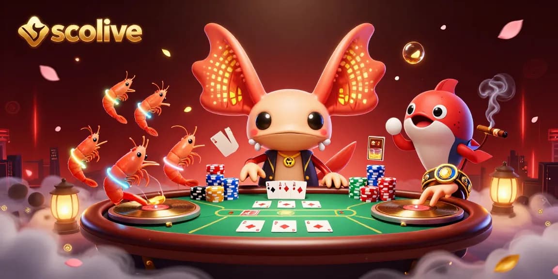 Experience the vibrant world of socolive with a dynamic 3D scene featuring a neon axolotl DJ and poker excitement.