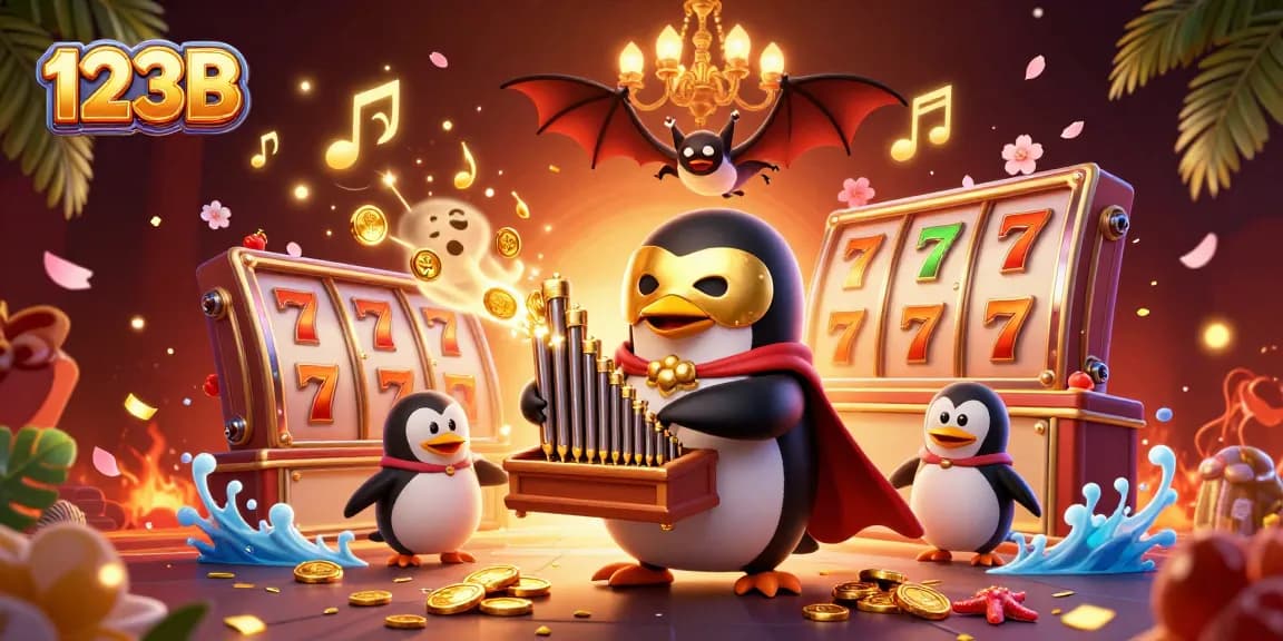 Engage luck with 123B while enjoying a vibrant casino atmosphere filled with golden coins and slot reels.