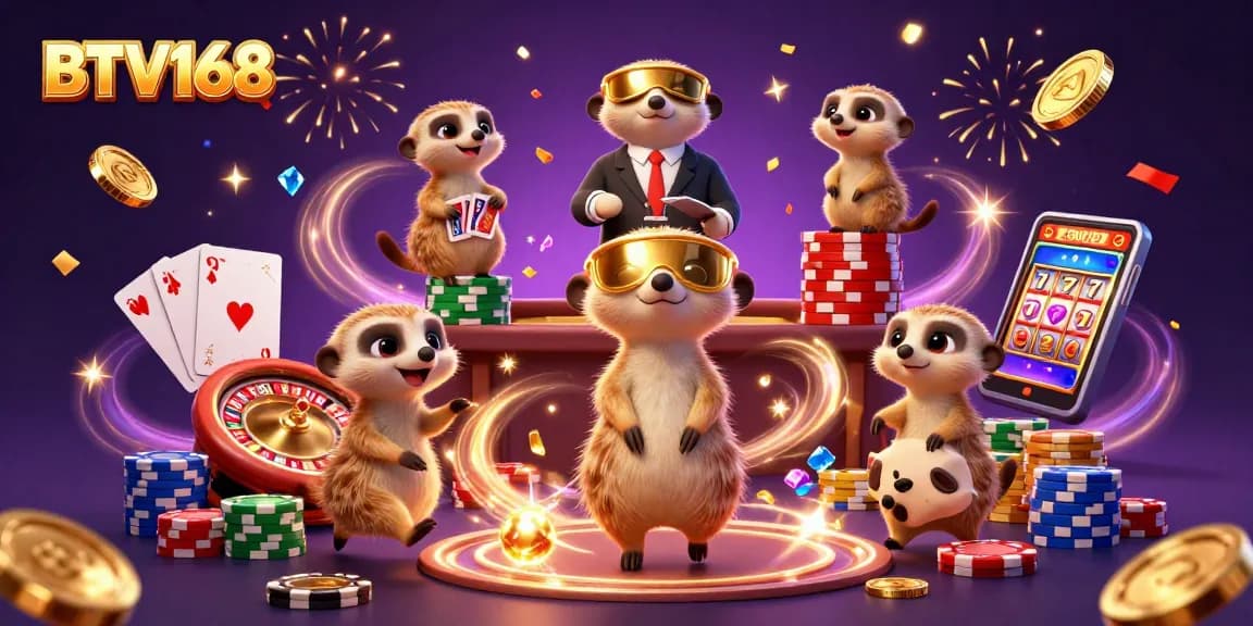 BTV168 showcases a vibrant 3D casino scene with meerkats engaging in lively games and celebrations.