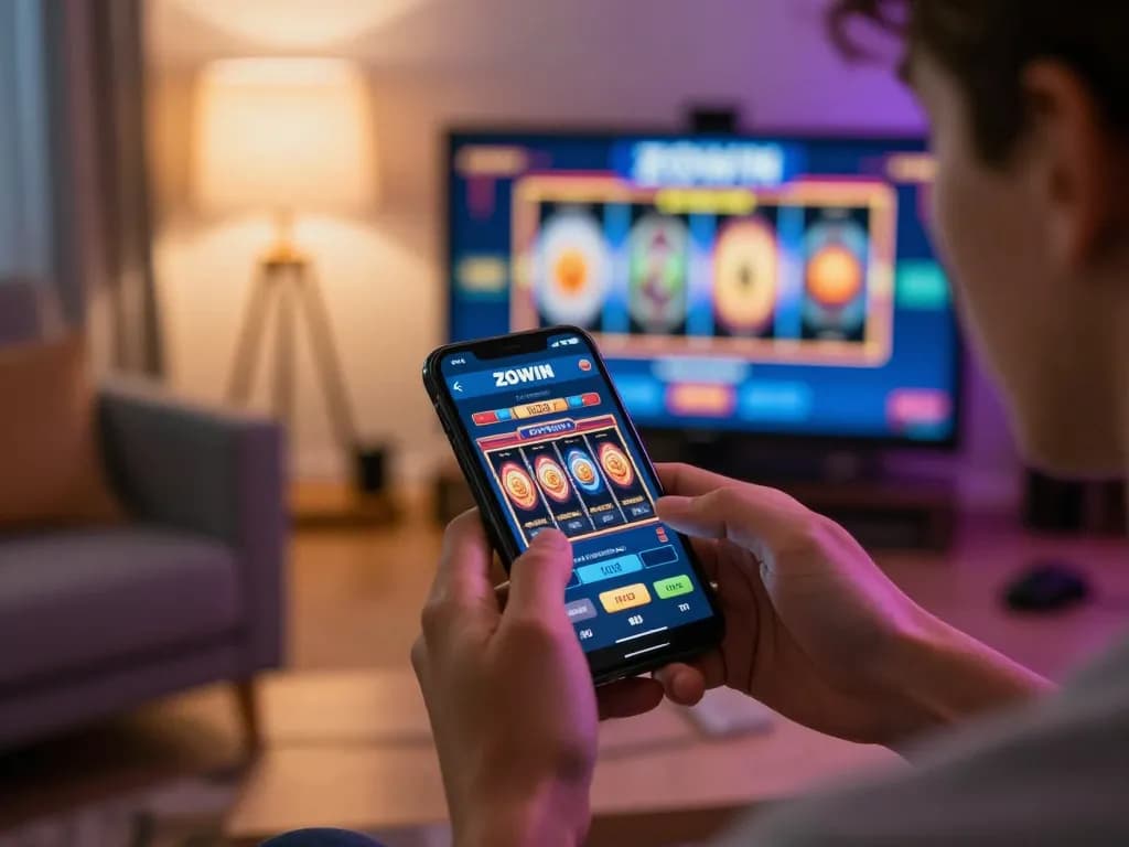 ZOWIN player actively engaging with the casino app while spinning slots in a cozy home setting.