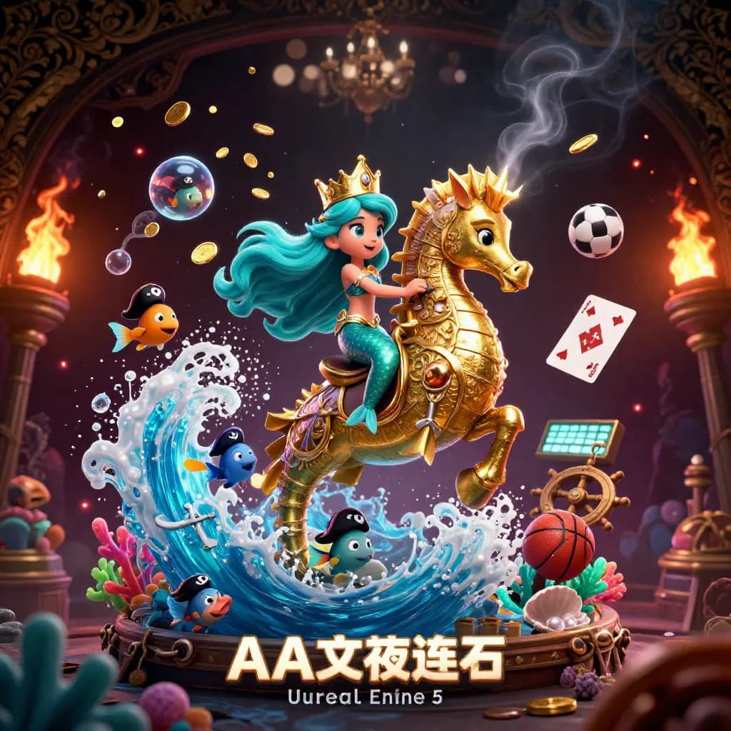 Mermaid princess on armoured seahorse in a treasure cove with pirate fish, coins, coral, and glowing effects.