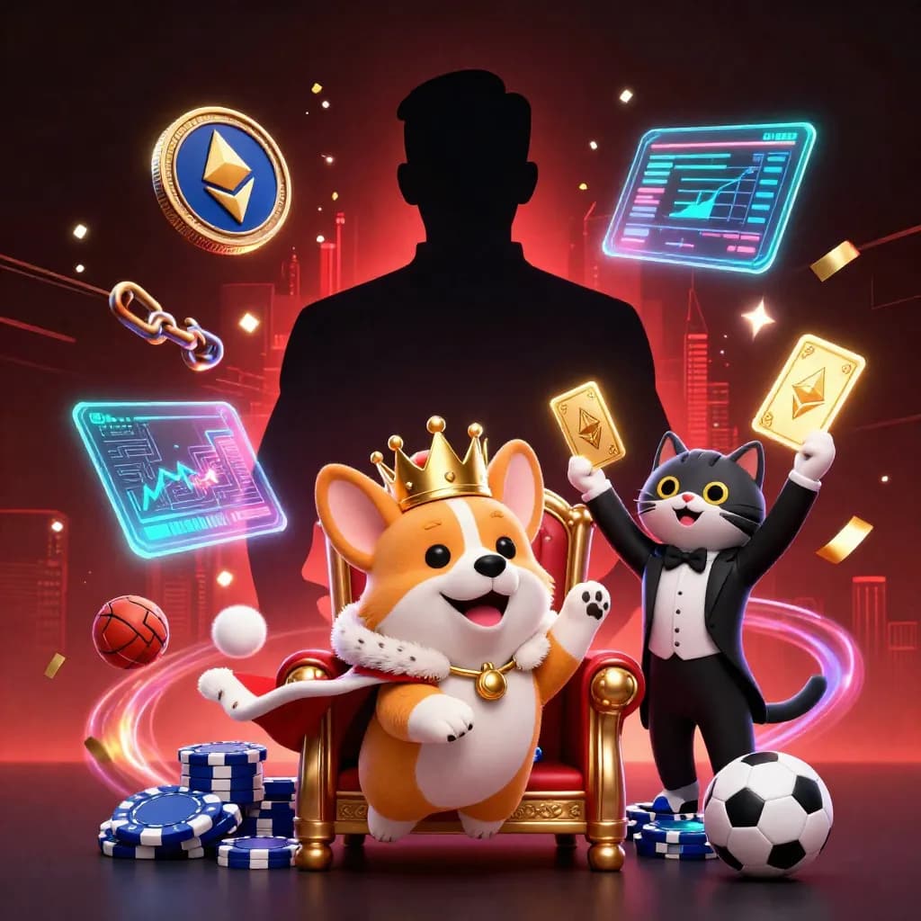 Royal corgi and cat butler amid glowing crypto coins, lightning, and casino energy