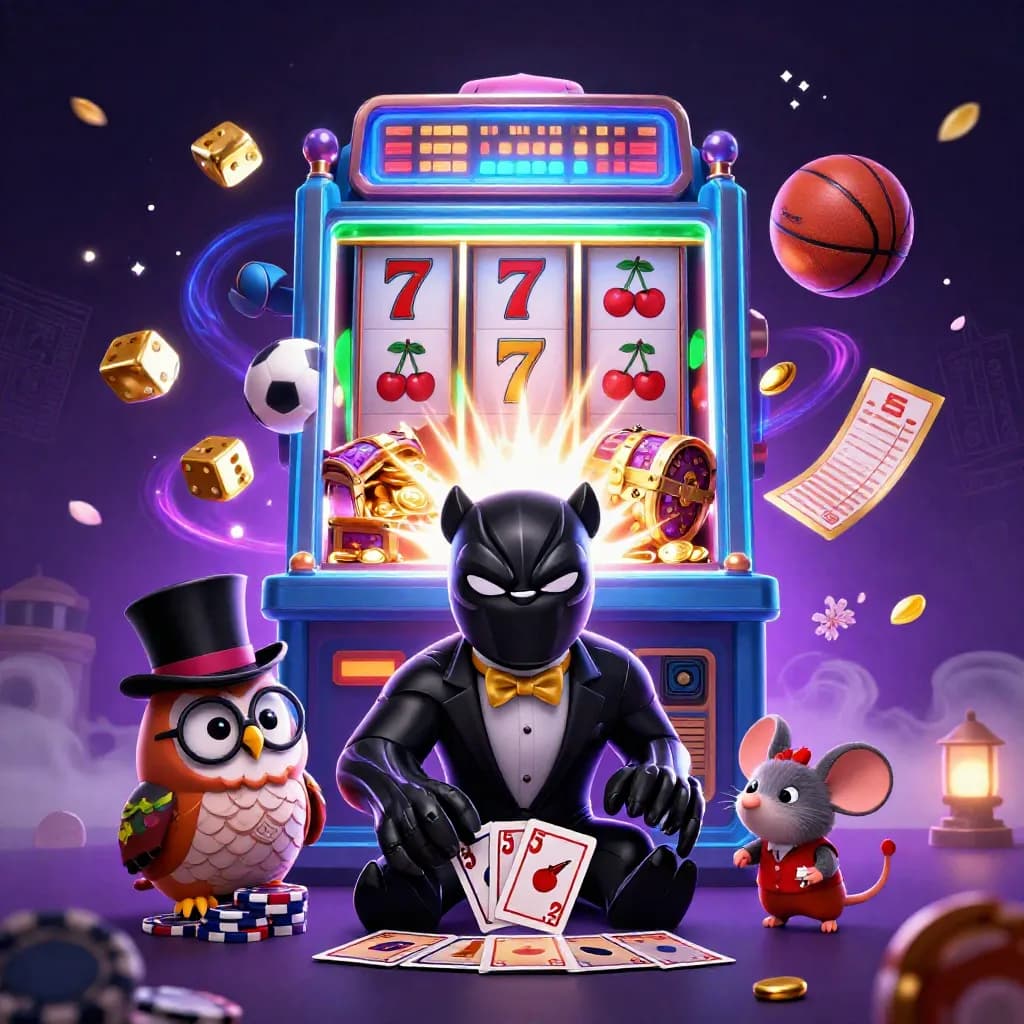 Low-angle cartoon panther, owl and mouse amid slot burst, flying balls, gold, and neon casino light.