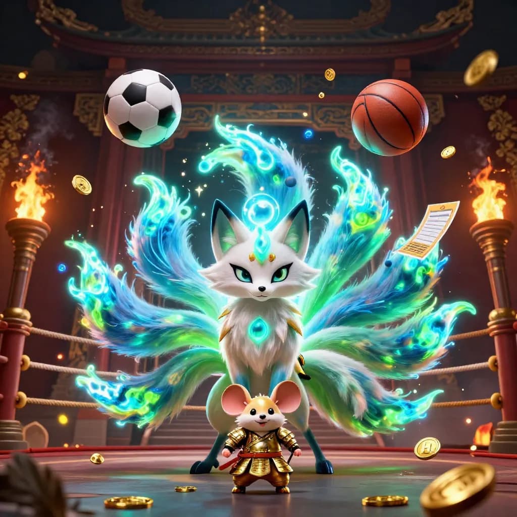 Neon fox spirit and gold-armored mouse amid flying balls, coins, firelight, and temple-gate casino flair.
