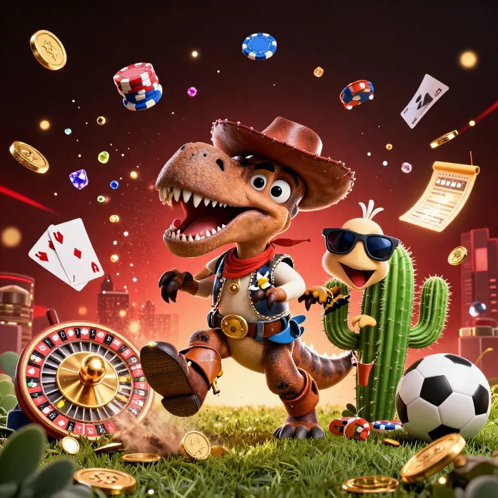 Cowboy T-Rex, cactus and roadrunner blast through coins, chips, cards and sports balls in neon casino light.
