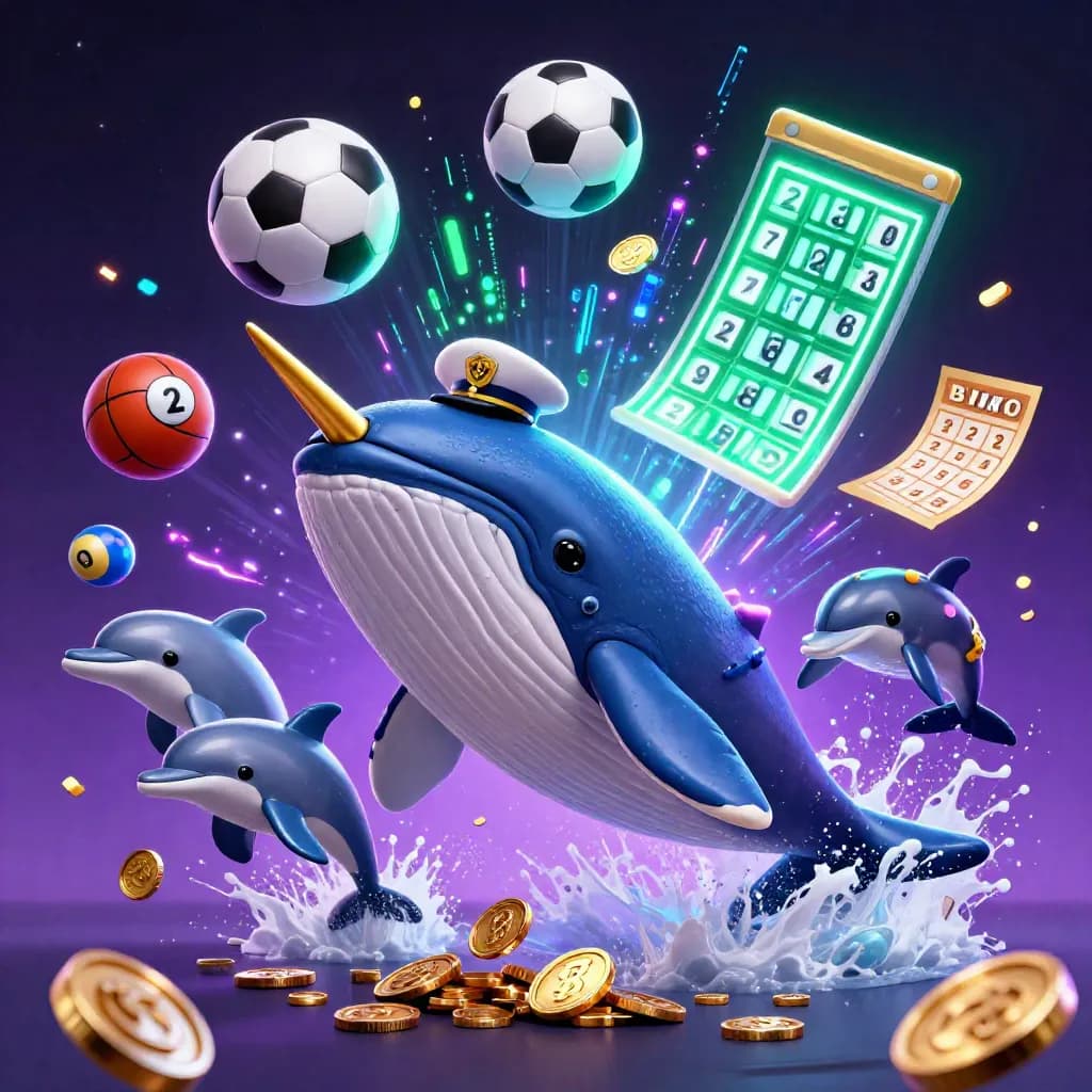 Cartoon whale captain, narwhal and dolphins burst through coins with neon betting effects.