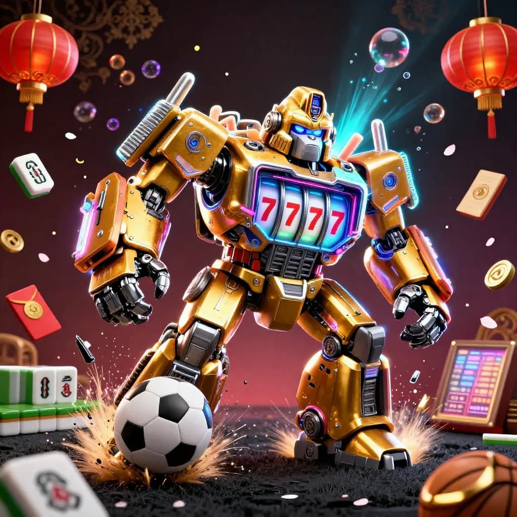 Golden gorilla mech explodes upward with balls, coins, lanterns, and cyan-purple casino glow.