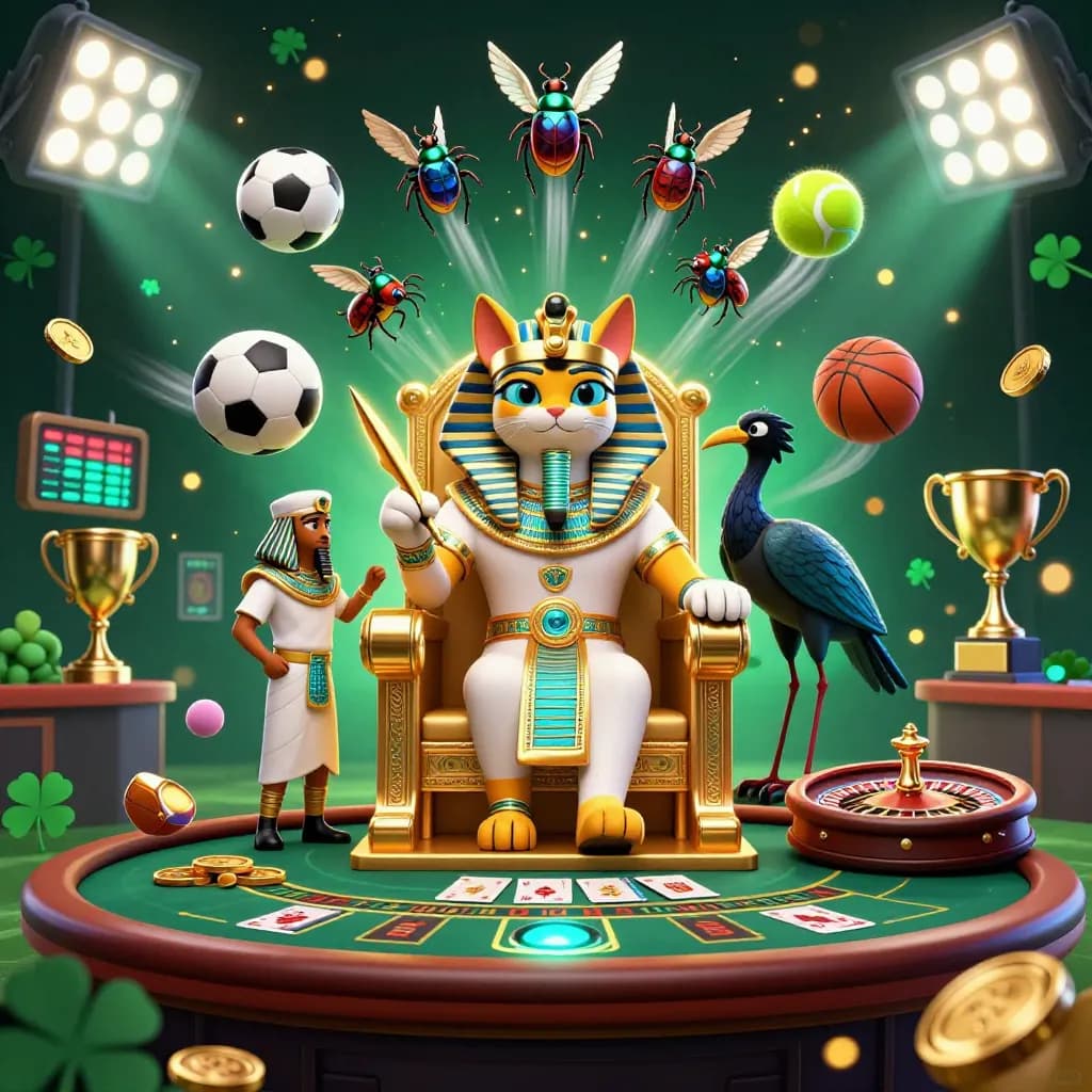 Pharaoh cat, ibis scribe, and gem-wing scarabs amid casino and sports energy.