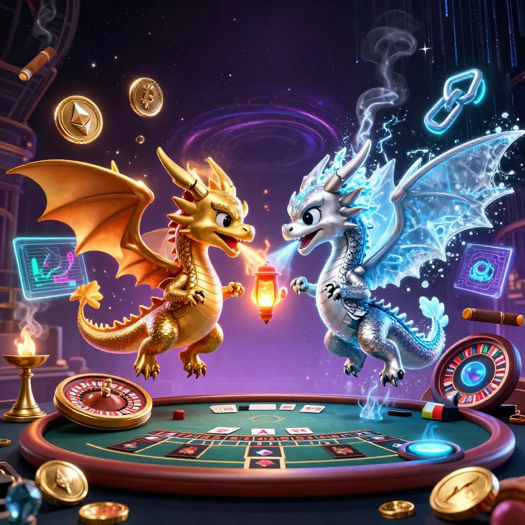 Gold and silver dragons spiral in a neon casino with coins, charts, and a glowing lantern spirit.