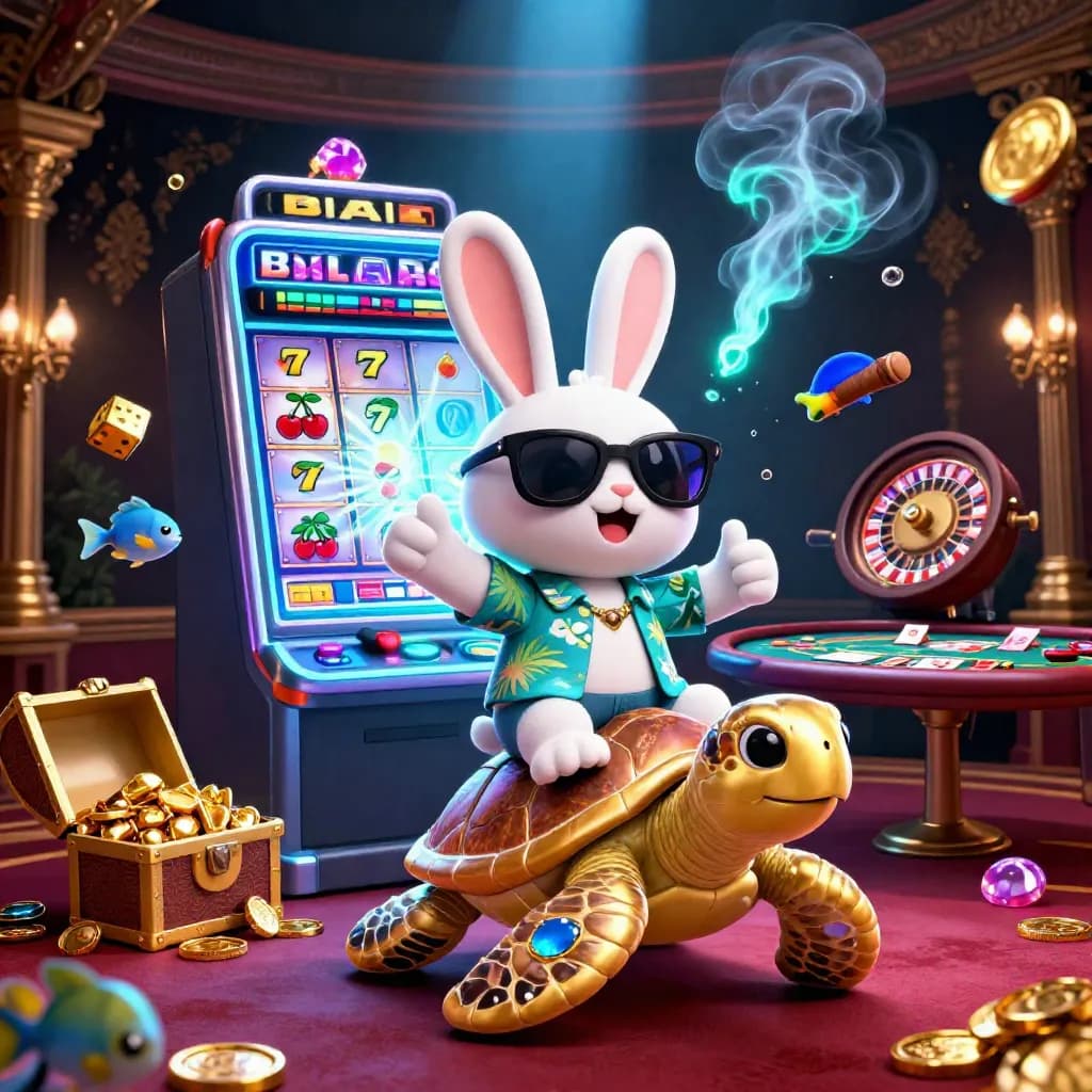 Lucky rabbit on a golden sea turtle amid glowing casino symbols and luxury lighting.