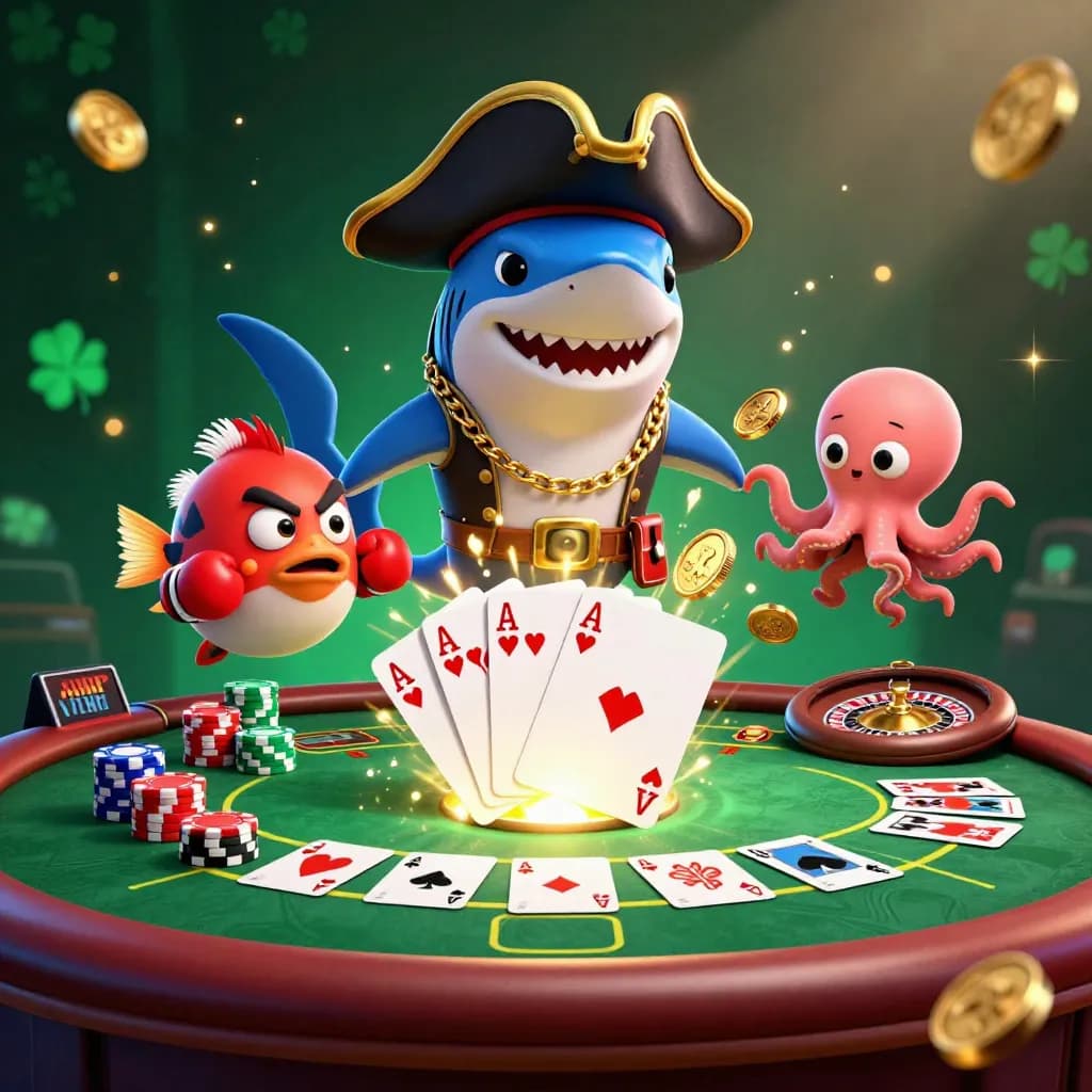 Pirate shark, red pufferfish, and baby octopus amid casino lights and chips.