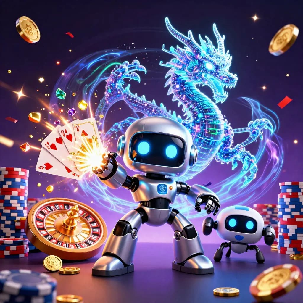 Cyberpunk robot, holographic dragon, and drone burst with coins, gems, chips, and blue neon energy.