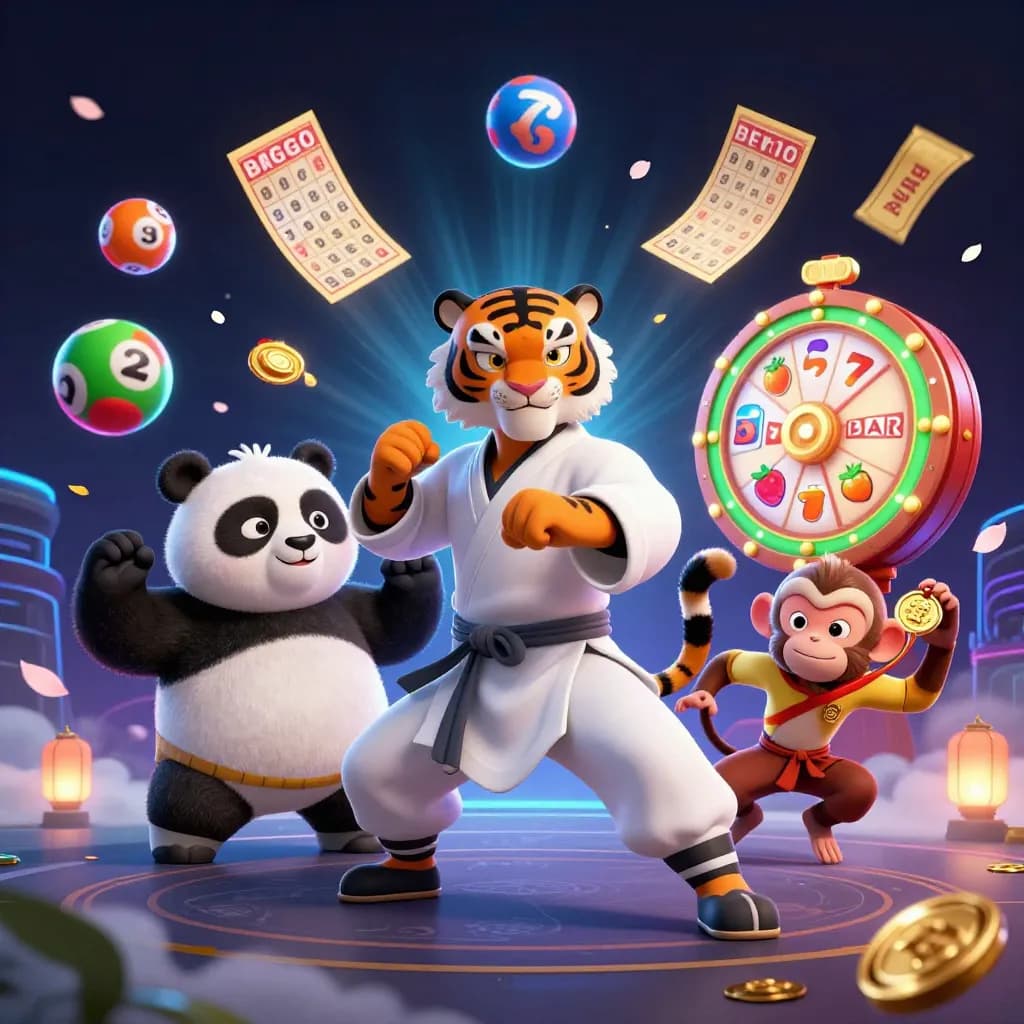 Tiger, panda, and monkey in kung-fu action amid casino symbols, neon grid, petals, and gold glow.