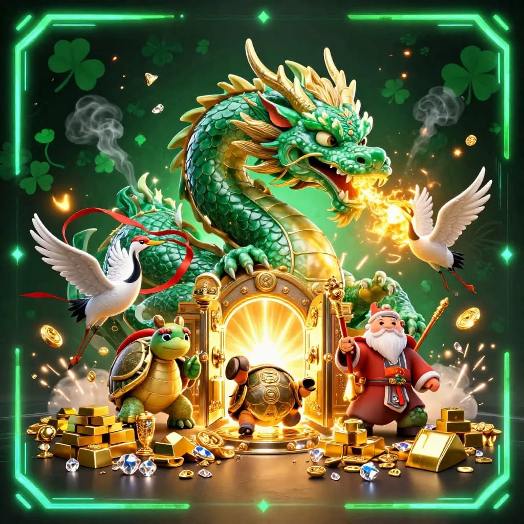 Emerald dragon, turtle sage, and cranes burst from a treasure vault with gold, gems, and glowing fire.